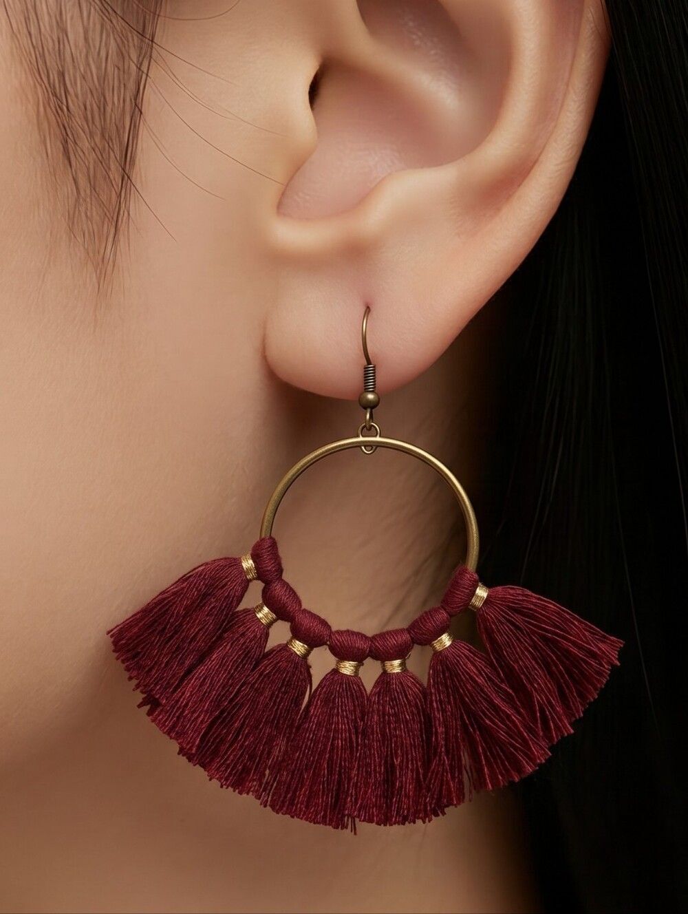 Burgundy Fringe Hoop Earrings Boho Festival Statement Dangle Jewelry Winery Chic